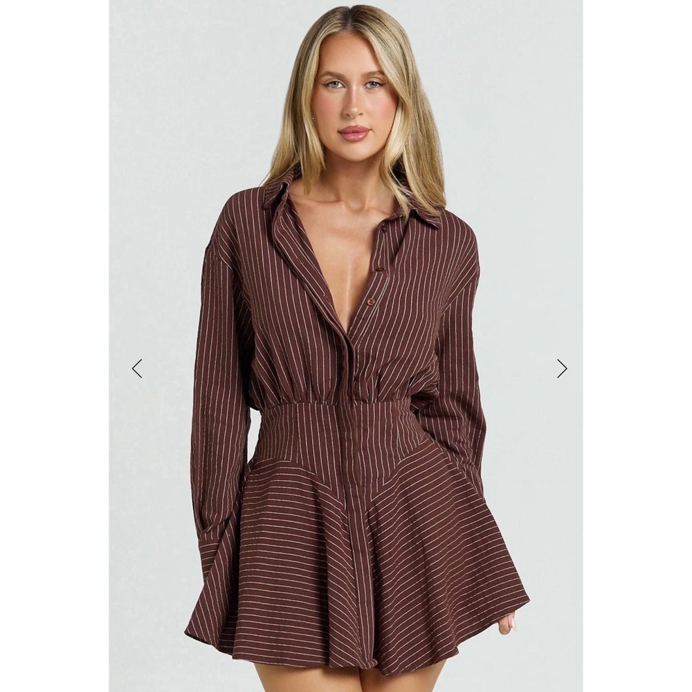 Showpo Whitley Mini Dress Chocolate Pinstripe Long Sleeve Button Front 12 NEW